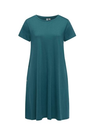 Turkusowa sukienka o kroju litery A z krótkimi rękawami, okrągłym dekoltem, długością do kolan i miękkim materiałem.