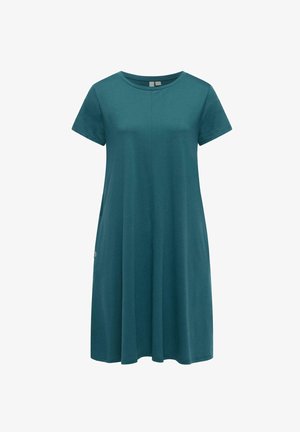 Turquoise kort mouw A-lijn jurk met ronde halslijn, knielange zoom en zachte stof.