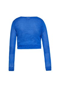 Niebieski dziergany sweter typu crop z długimi rękawami, z siateczkowym wzorem i plecionym wykończeniem u dołu. Dekolt okrągły, a tył jest gładki.