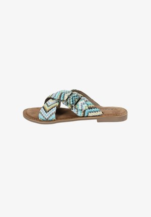 Tkané pantofle s modro-beigem-bílým zigzagovým vzorem, s detaily s přezkou a hnědou syntetickou semišovou stélkou. Plochá podešev.