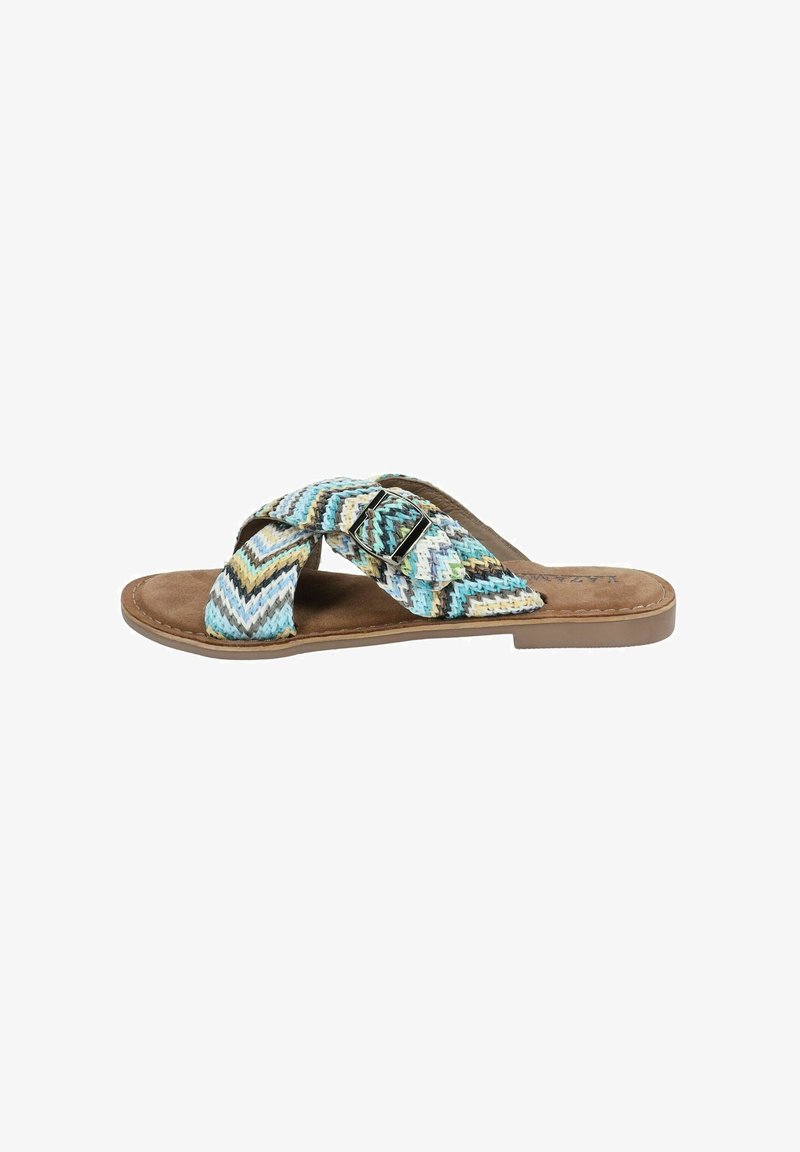 Tkané pantofle s modro-beigem-bílým zigzagovým vzorem, s detaily s přezkou a hnědou syntetickou semišovou stélkou. Plochá podešev.