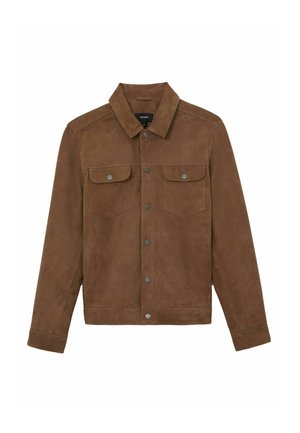 Brown suede jacket with collar, snap buttons down front, two chest pockets with flaps and snap closures, and long sleeves.