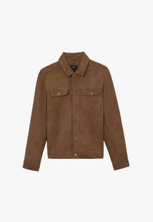 Brown suede jacket with collar, snap buttons down front, two chest pockets with flaps and snap closures, and long sleeves.