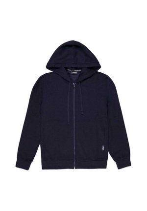 Hoodie zippé bleu marine en tissu doux, avec une grande capuche, des cordons de serrage, des poches avant et un petit logo détaillé sur l'ourlet.