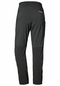 Schwarze Outdoor-Hosen mit glatter Textur, Reißverschlusstaschen an der Seite und schmalem Design. Mit kontrastierenden Einsätzen an den Knien.