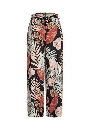 Sorte viddebenbukser med et farverigt mønster af blomster og blade i nuancer af rød, pink, grøn og creme; har en bundet talje.