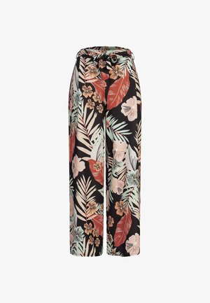 Mustat leveälahkeiset housut, joissa on värikäs kukka- ja lehtikuvio punaisen, vaaleanpunaisen, vihreän ja kerman sävyissä; vyötäröllä solmittava nauha.