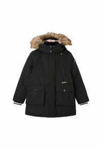 Černá parka s kapucí podšitou kožešinou, dvěma předními kapsami a zipovým zapínáním. Má měkkou vnitřní podšívku a kontrastní pruhované manžety.