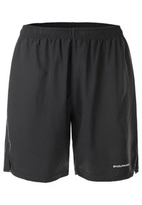 Mustat urheilushortsit, jotka on valmistettu kevyestä materiaalista, joustavalla vyötärövyöllä ja sivuhalkioilla; sisältää valkoisen "ENDURANCE"-logon.