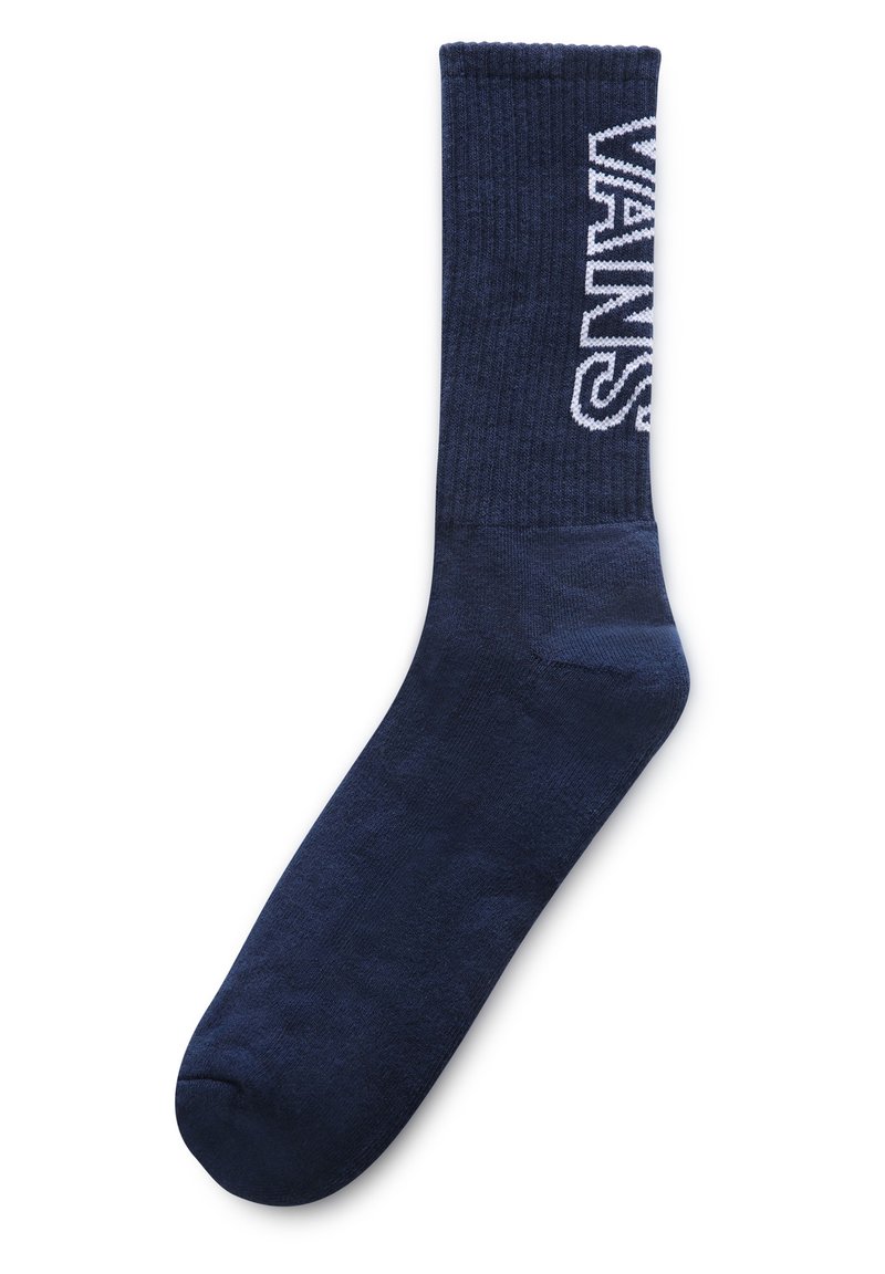 Calcetín azul marino hecho de una suave tela de punto, con textura acanalada y un logo de Vans bordado en blanco en el lateral.