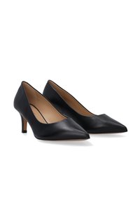 Schwarze Lederpumps mit spitzem Zeh und schlankem Stiletto-Absatz. Glatte Textur und minimalistisches Design mit einem beigen Innenfutter.