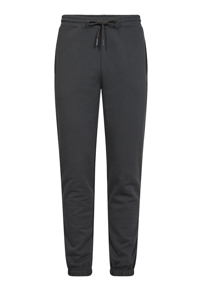Mørkegrå joggerbukser lavet af blødt stof, med elastisk talje og snoretræk, sidelommer og tapered manchetter.