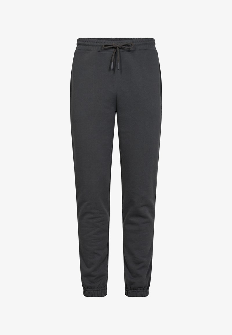 Mørkegrå joggerbukser lavet af blødt stof, med elastisk talje og snoretræk, sidelommer og tapered manchetter.