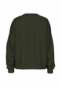 Felpa verde oliva con vestibilità rilassata, polsini e orlo a coste. Texture morbida, design a girocollo, senza loghi o decorazioni visibili.