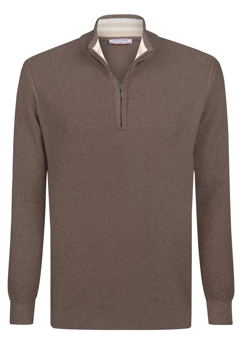 Brauner gestrickter Pullover mit einem halben Reißverschluss und gerippter Textur. Verfügt über einen kontrastierenden gestreiften Innenkragen. Lange Ärmel, lockere Passform.