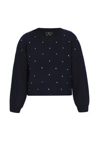 Marineblauwe cropped trui met lange mouwen, voorzien van verspreide kleine witte edelstenen. Zachte structuur en ronde halslijn.