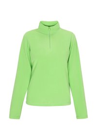 Lys grøn fleecepullover med halv-zip krave, lange ærmer og en glat tekstur. Enkel design uden synlige mønstre eller accenter.
