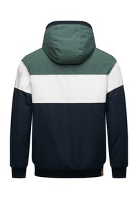Kapuzenshirt mit Farbblockdesign in Grün, Weiß und Marineblau. Hergestellt aus einem glatten Material mit gerippten Bündchen und Saum.