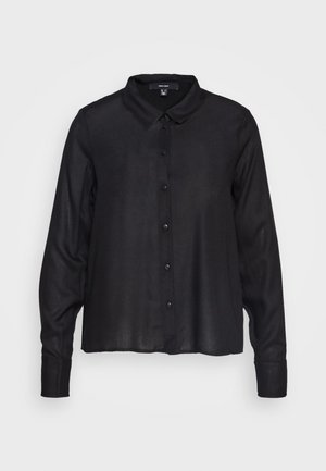 Camicia nera con bottoni realizzata in tessuto trasparente, con colletto, maniche lunghe e chiusura frontale con bottoni. Vestibilità casual con orlo leggermente accorciato.