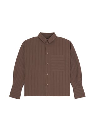 Camicia marrone a maniche lunghe con bottoni, righe verticali, colletto appuntito e taschino sul petto con righe orizzontali.