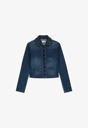 Denim jacket with a dark blue color, featuring a beaded collar, front button closure, and two chest pockets. Long sleeves, cropped design.