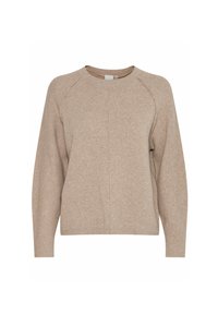 Beżowy dziergany sweter z okrągłym dekoltem, raglanowymi rękawami i strukturalnym wykończeniem. Posiada ribbowe ściągacze u dołu i na rękawach; brak widocznych wzorów lub akcentów.