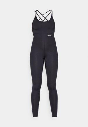 Black athletic jumpsuit with crisscross straps, form-fitting design, smooth texture, and a logo printed near the waist.