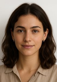 Ritratto di una giovane donna con capelli scuri e mossi e occhi marroni, che indossa una camicia color beige con colletto e orecchini a cerchio d'argento. Trucco naturale.