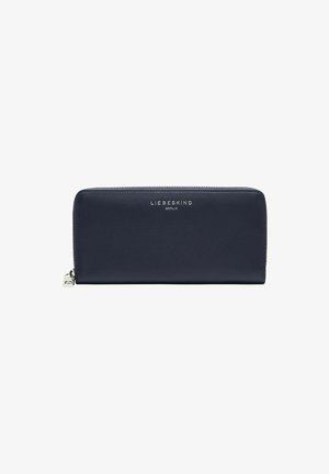 Navy Lederwallet mit Reißverschluss, glatte Oberfläche, goldfarbene 'LIEBESKIND BERLIN'-Markierung auf der Vorderseite und eleganter rechteckiger Form.