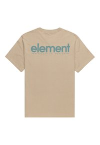 Beige bomulds T-shirt med kortærmer, der har et stort blåt "element" logo og teksten "SKATEBOARD CO. - WORLDWIDE" på ryggen.