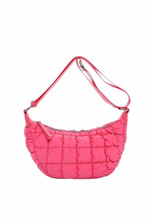 Pink quilted shoulder bag with adjustable strap and top zipper closure, featuring a soft, padded texture and rectangular stitching pattern.