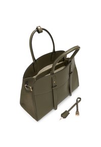 Borsa strutturata verde oliva, con due manici superiori, realizzata in pelle sintetica testurizzata. Presenta dettagli in metallo dorato e una tracolla rimovibile.