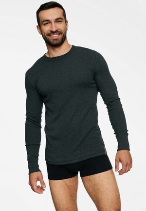 Czarnoszary t-shirt z długim rękawem, wykonany z miękkiego materiału, z okrągłym dekoltem i dopasowanym krojem, noszony z czarnymi figami. Prosta i gładka tekstura.