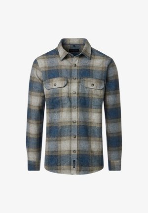 Chemise à manches longues avec un motif en tartan bleu, beige et gris, comportant deux poches poitrine boutonnées et un col classique.