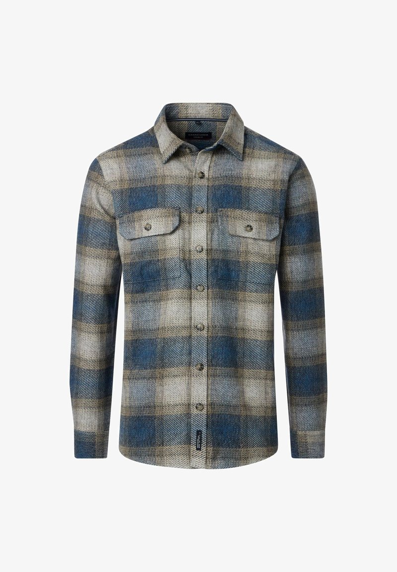 Long-sleeve button-up shirt with blue, beige, and gray plaid pattern, featuring two buttoned chest pockets and a classic collar.