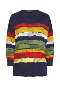 Laivan sininen V-päiväntoppi, jossa on vaaleanpunaisia, vihreitä, keltaisia ja valkoisia vaakasuoria raitoja tekstuurilla. Rentoa istuvuutta, pitkät hihat.