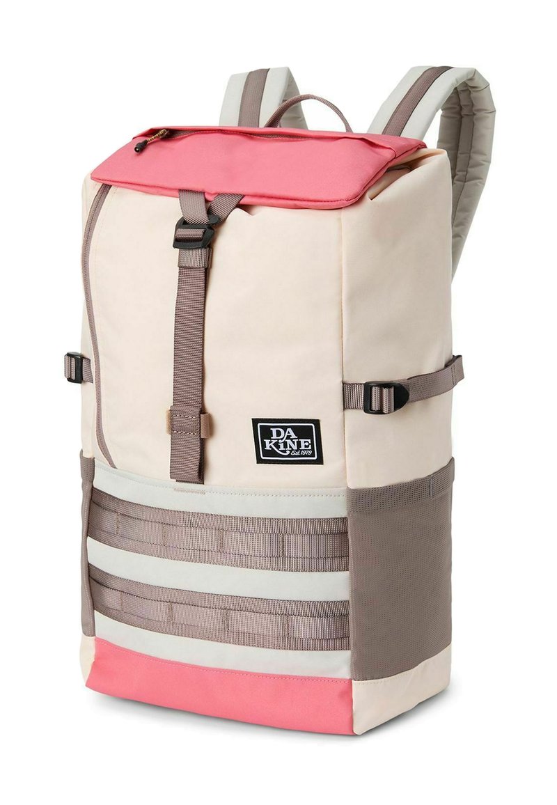 Backpack with a pink top flap, beige body, and horizontal gray straps. Features include a logo patch and adjustable side buckles.