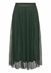 Falda midi plisada verde con una cinturilla lisa y una tela sheer en capas, creando una textura ligera y fluida.