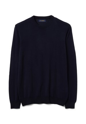 Marineblaues Langarm-Crewneck-Sweatshirt mit gerippten Bündchen und Saum, auf einem weißen Hintergrund präsentiert.