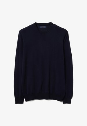 Suéter de cuello redondo de manga larga en azul marino, con puños y dobladillo de canalé, exhibido sobre un fondo blanco.