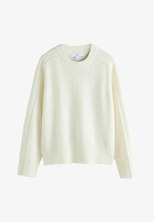 Cream-colored long-sleeve knitted sweater with ribbed cuffs, hem, and crew neckline, displayed on a white background.