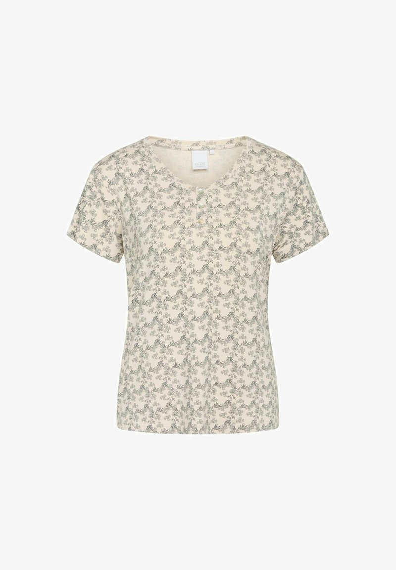 Lühikeste varrukate ja heleda kreemika värvusega T-särk, millel on V-kaelus ja roheline botaaniline print. Kaeluse küljest leiate kolm nuppu. Pehme kangas.