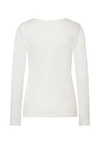 Long-sleeve white top with a round neckline, soft texture, and fitted design, featuring smooth seams and no visible hardware or patterns.
