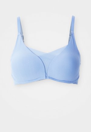 Lichtblauw gewatteerd bh met verstelbare bandjes en een kruisnetdetail in het midden van de voorkant.