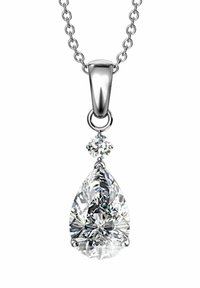 Collana in argento con pendente a forma di pera in diamante trasparente e un piccolo diamante rotondo sopra.