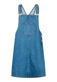 Denim overall obleka v svetlo modri barvi, z nastavljivimi naramnicami, sprednjim žepom in bočnimi zaponkami za zapiranje. Polne dolžine in gladke teksture.