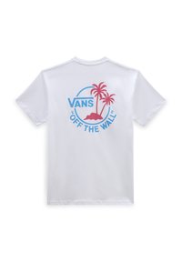 T-shirt en coton blanc avec un graphique bleu et rose au dos représentant des palmiers, avec le texte "VANS" et "OFF THE WALL" à l'intérieur d'un cercle.
