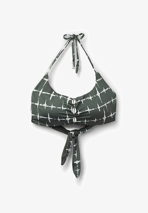 Top da bikini realizzato in tessuto verde con un motivo geometrico bianco, dotato di un collo e una schiena legati, fronte arricciato con tre bottoni decorativi.