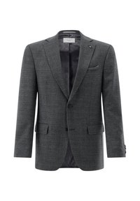 Grau strukturierter Blazer mit Reverskragen, zwei vorderen Taschen und einer Brusttasche. Das Innenfutter ist mit einem kontrastierenden gemusterten Stoff ausgekleidet.