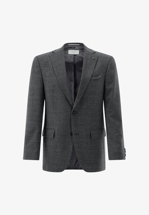 Grau strukturierter Blazer mit Reverskragen, zwei vorderen Taschen und einer Brusttasche. Das Innenfutter ist mit einem kontrastierenden gemusterten Stoff ausgekleidet.
